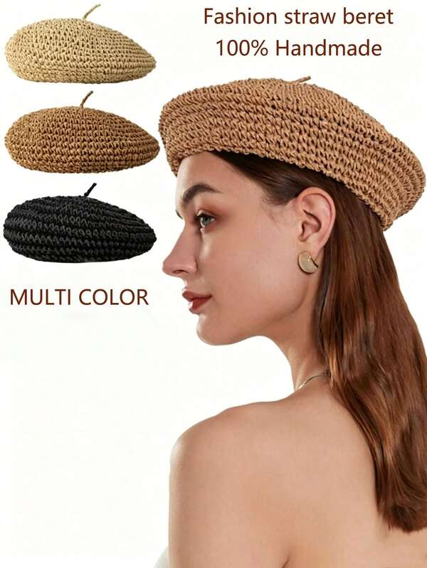 1pc Women's Straw Beret Hat, European And American Fashion Straw Beret, Spring/Summer Straw Artist Beret For Women