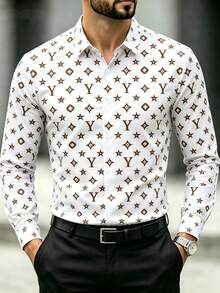 Men's Fashion All-Over Print Long Sleeve Shirt, Suitable For Casual Parties And Daily Wear - White - View 2