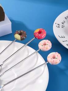 2pcs Stainless Steel Donut Spoon & Fork Set Dessert Spoon Coffee Spoon Fruit Fork Tableware - Multicolor - View 5
