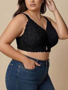 Plus Size Women French Romantic Lace Sexy Bra, Lightweight Slimming Lift & Support Wireless Bra, Suitable For Spring/Summer - Black - View 4