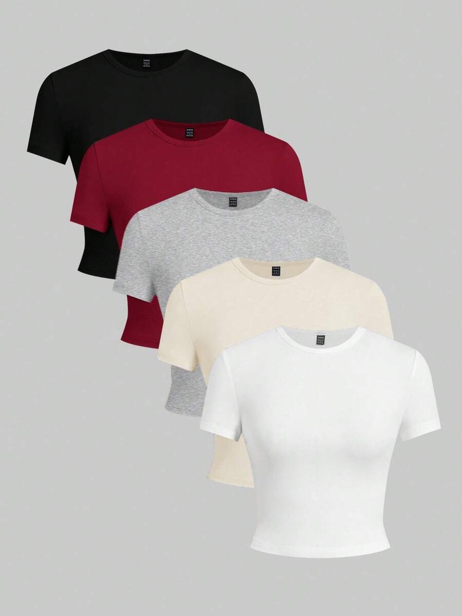 Set de 5 camisetas básicas de unicolor sin mangas ajustadas para mujer - Burdeos - Ver 1