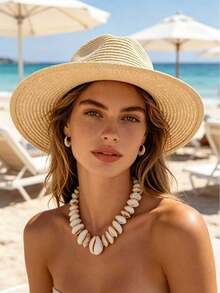 1pc Unisex Summer Sun Protection Straw Hat, Wide Brim Beach Sun Hat, Travel Beach Hat, Panama Round Top Hat - Multicolor - View 3