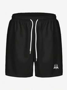 Men's Plus Size Black Trident Small Logo Digital Print Single Layer No Lining Drawstring Elastic Waist Casual Vacation Beach Shorts - Black - View 2