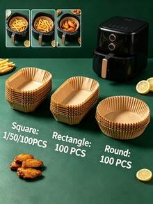1pc/50pcs/100pcs Air Fryer Paper Liners, Non-Stick Baking Parchment Paper, Steamer Mat, Thickened Heat Resistant, 6 Inch, Square/Round/Rectangular Optional, Kitchen Accessories, Air Fryer Oil-Absorbing Paper, Oven Baking Mat, Disposable - Multicolor - View 1