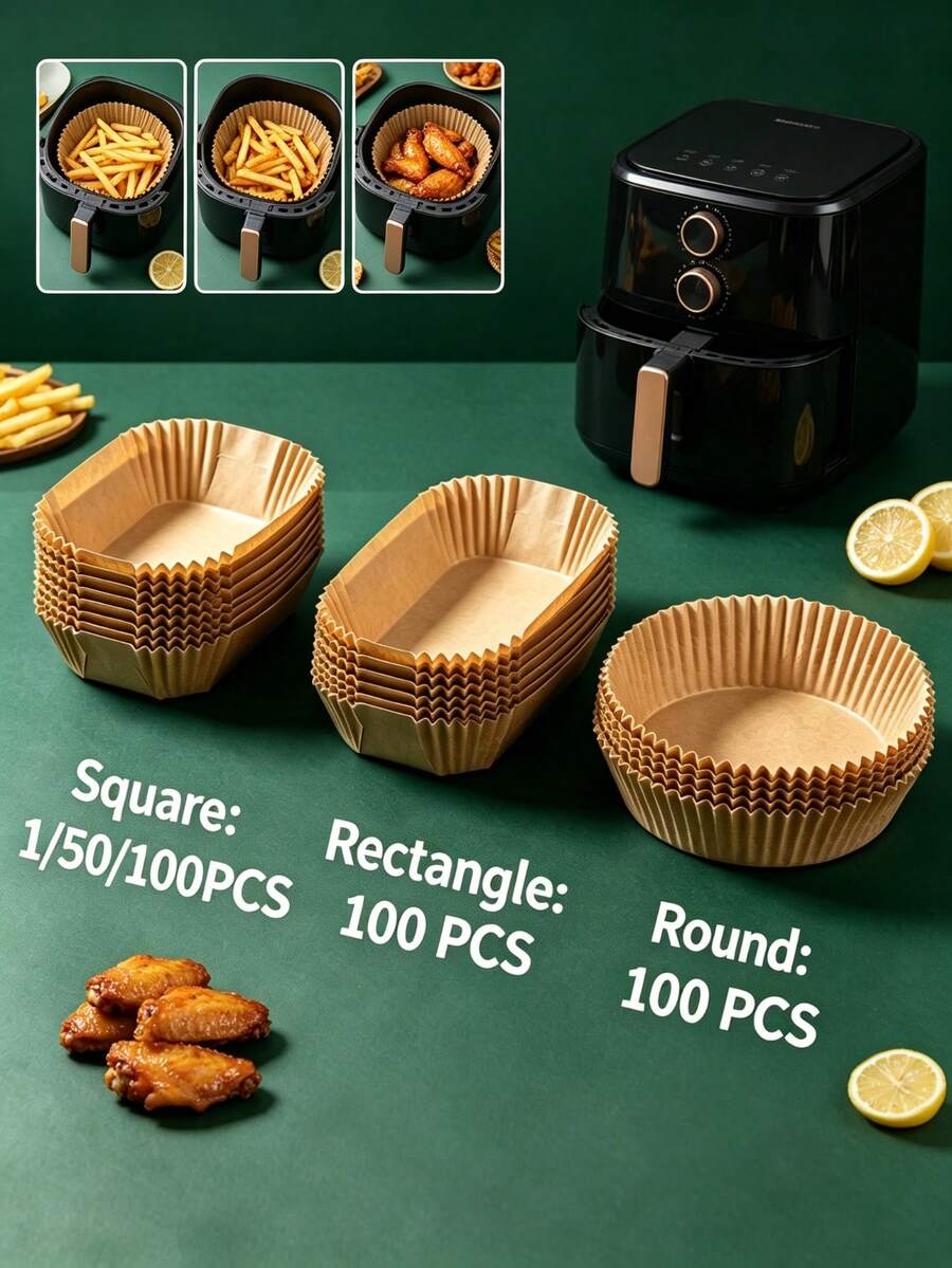 1pc/50pcs/100pcs Air Fryer Paper Liners, Non-Stick Baking Parchment Paper, Steamer Mat, Thickened Heat Resistant, 6 Inch, Square/Round/Rectangular Optional, Kitchen Accessories, Air Fryer Oil-Absorbing Paper, Oven Baking Mat, Disposable - Multicolor - View 1