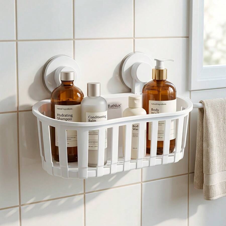 1pc No-Drill Bathroom Cosmetic Drainage Storage Rack, Suction Cup Storage Box, Corner Shower Shelf, Large Bathroom Storage Rack, Shower Tray Shelf, Embedded Floating Shower Wall Rack, Heavy Duty Bathroom Basket - Storage Rack - View 1