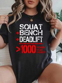 100% Cotton 1000 Pound Club Member Powerlifting T-Shirt Women Graphic T-Shirt Cotton Print Short Sleeve Casual Top, Summer Tee Womens Tops - Black - View 8