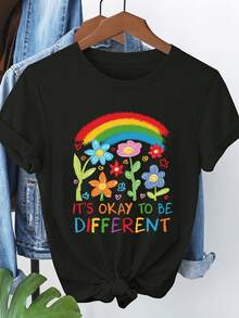 Women's Top 2026 Rainbow Pattern Short Sleeve T-Shirt 8055 Spring Clothing - 02-Noir - 查看 1