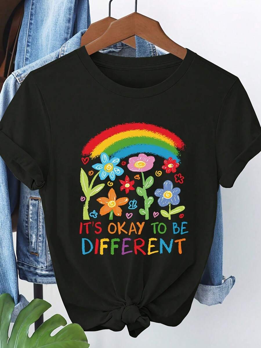 Women's Top 2026 Rainbow Pattern Short Sleeve T-Shirt 8055 Spring Clothing - 02-Noir - 查看 1