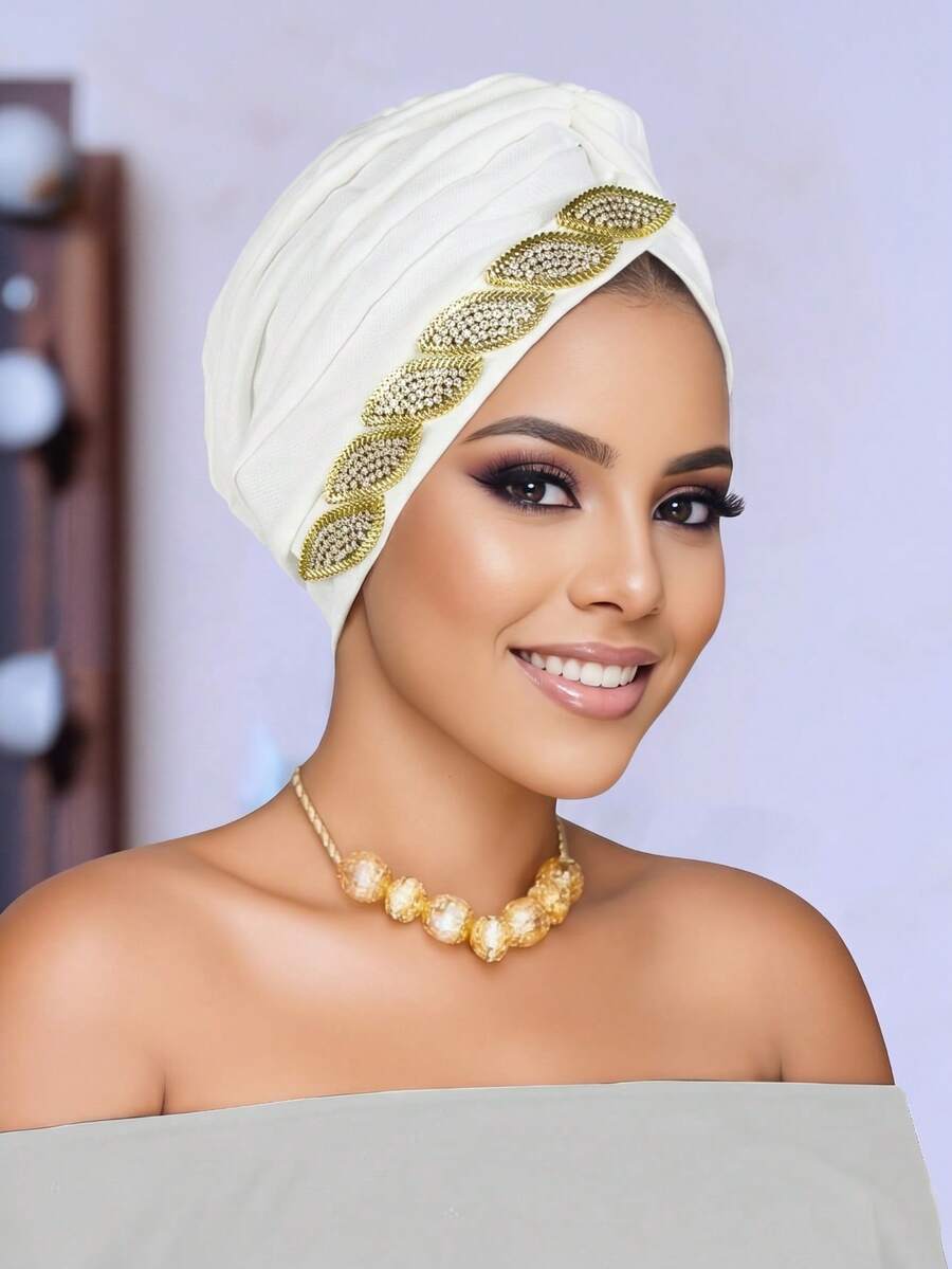 1PC Women's Rhinestone Leaf-Decorated Headscarf Cap, Stretchy African-Style Headscarf, Soft And Breathable, Suitable For Everyday Wear And Parties.