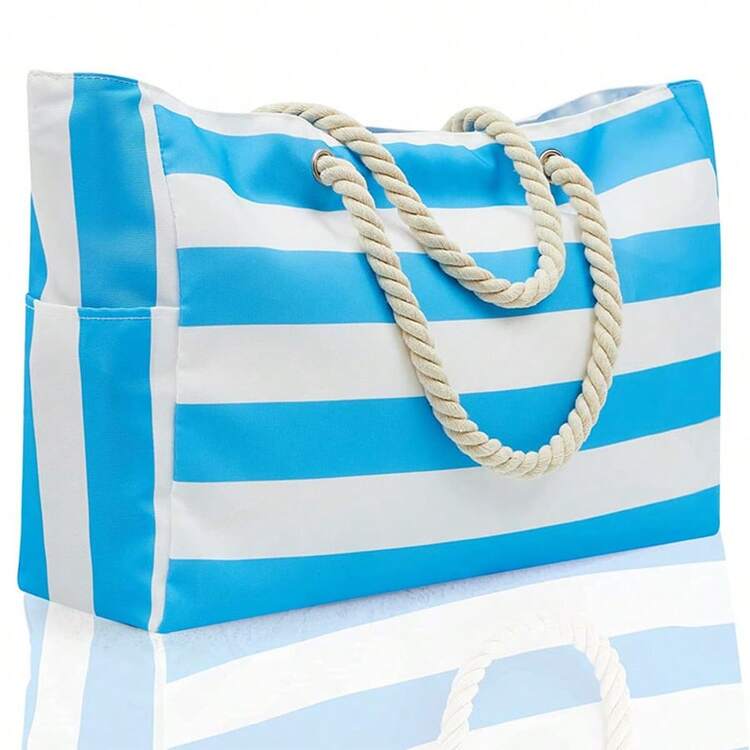 MerexSync 1pc Personalized Striped Beach Tote Bag, Customized Name Rope Embroidered Oversized Tote Bag, Women's Vacation Travel Shoulder Bag, Pool And Beach Essential, Gift For Her - Multicolor - View 13
