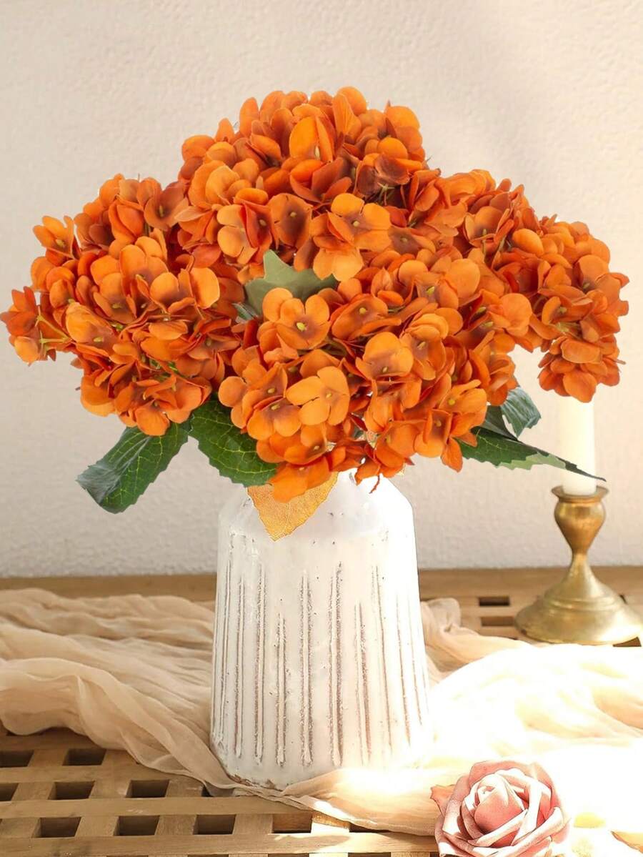 1/3pcs Champagne Embroidered Artificial Flower With Stem Plastic Hydrangea, Desktop Decor Flower, Suitable For Office, Party, Wedding, Faux Plant, Spring Summer Decoration, Garden Decor, Indoor Decoration, Mother's Day Father's Day Gift - Orange - View 1
