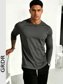 GRDR Kaos Lengan Panjang Kasual Pria Kerah Bulat Ringan, Cocok untuk Santai, Olahraga, dan Perjalanan - Dark Grey - View 2