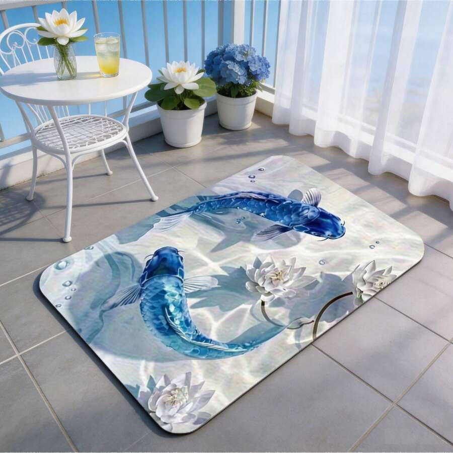 1pc Blue Koi & Lotus Pattern Bathroom Rug, French Vintage Style. Bathroom Mat, Bathroom Carpet, Door Mat, Small Rug, Carpet, Mat, Home Decor, Area Small Rug, Outdoor Mat, Home Decor, Area Rug, Bedroom Rug, Washable Carpet - Multicolor - View 1