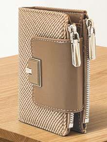 Dompet Pendek Wanita, Tekstur Kain Anyaman Jerami, Bahan PU Lembut dan Indah, Kancing Jepret Ganda, Resleting Ganda, Kapasitas Besar, Dompet Multifungsi, Tempat Kartu, Tas Genggam Minimalis Ringan, Cocok untuk Hadiah Liburan - Coklat - View 1