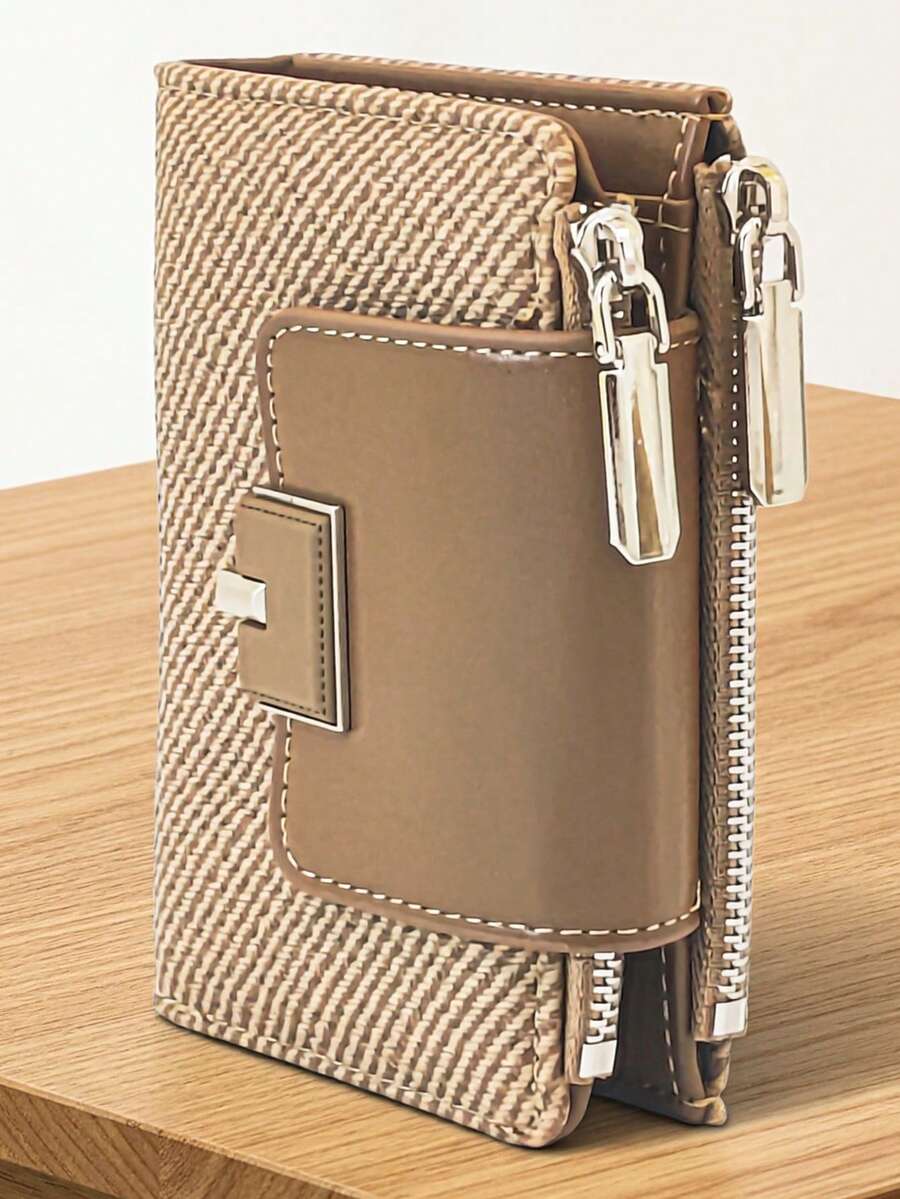 Dompet Pendek Wanita, Tekstur Kain Anyaman Jerami, Bahan PU Lembut dan Indah, Kancing Jepret Ganda, Resleting Ganda, Kapasitas Besar, Dompet Multifungsi, Tempat Kartu, Tas Genggam Minimalis Ringan, Cocok untuk Hadiah Liburan - Coklat - View 1
