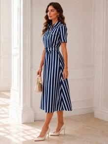 Women's Midi Shirt Dress With Front Buttons And Belt - Elegant Wedding Casual Fashion - 藏蓝色 - 查看 2