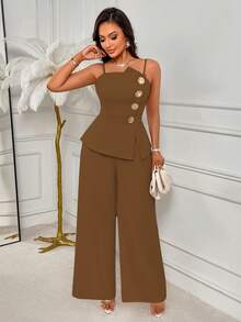 AIJ Amarilo Women's Coffee Brown 2-Piece Set, Elegant Spaghetti Strap A-Line Waist Ruffle Top & Wide Leg Pants - Summer - Coffee Brown - View 5