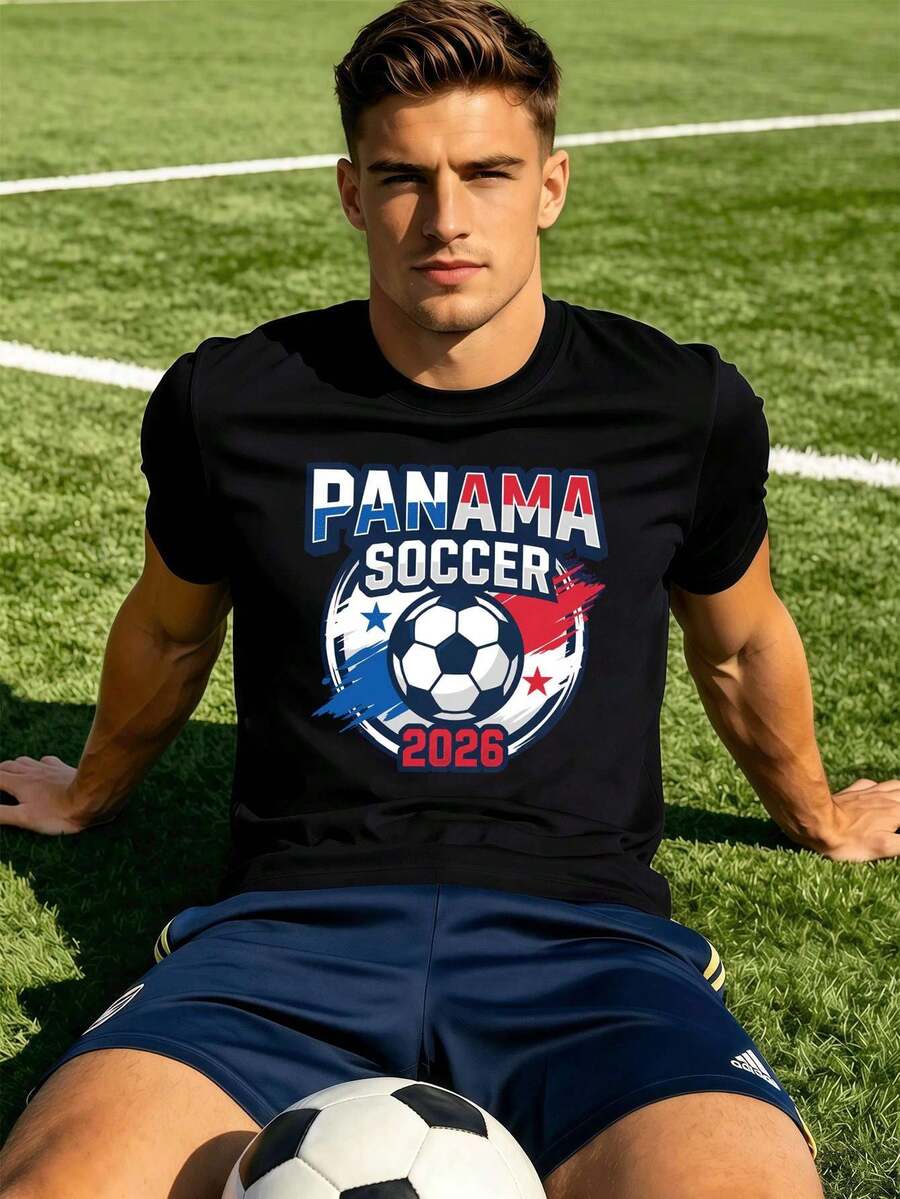 Panama Fu?Ball-T-S HIR T Für Herren, Herbst 2026, Rundhalsausschnitt, Lockere Passform, L?Ssig, Bequeme Passform, Einzigartiger Grafikdruck - 黑色 - 查看 1
