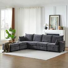 Canapé modulable en chenille, canapés d'angle pour le salon, canapé d'angle en U avec pouf de rangement, canapés d'angle 6 places avec méridienne - Gris - Voir 11