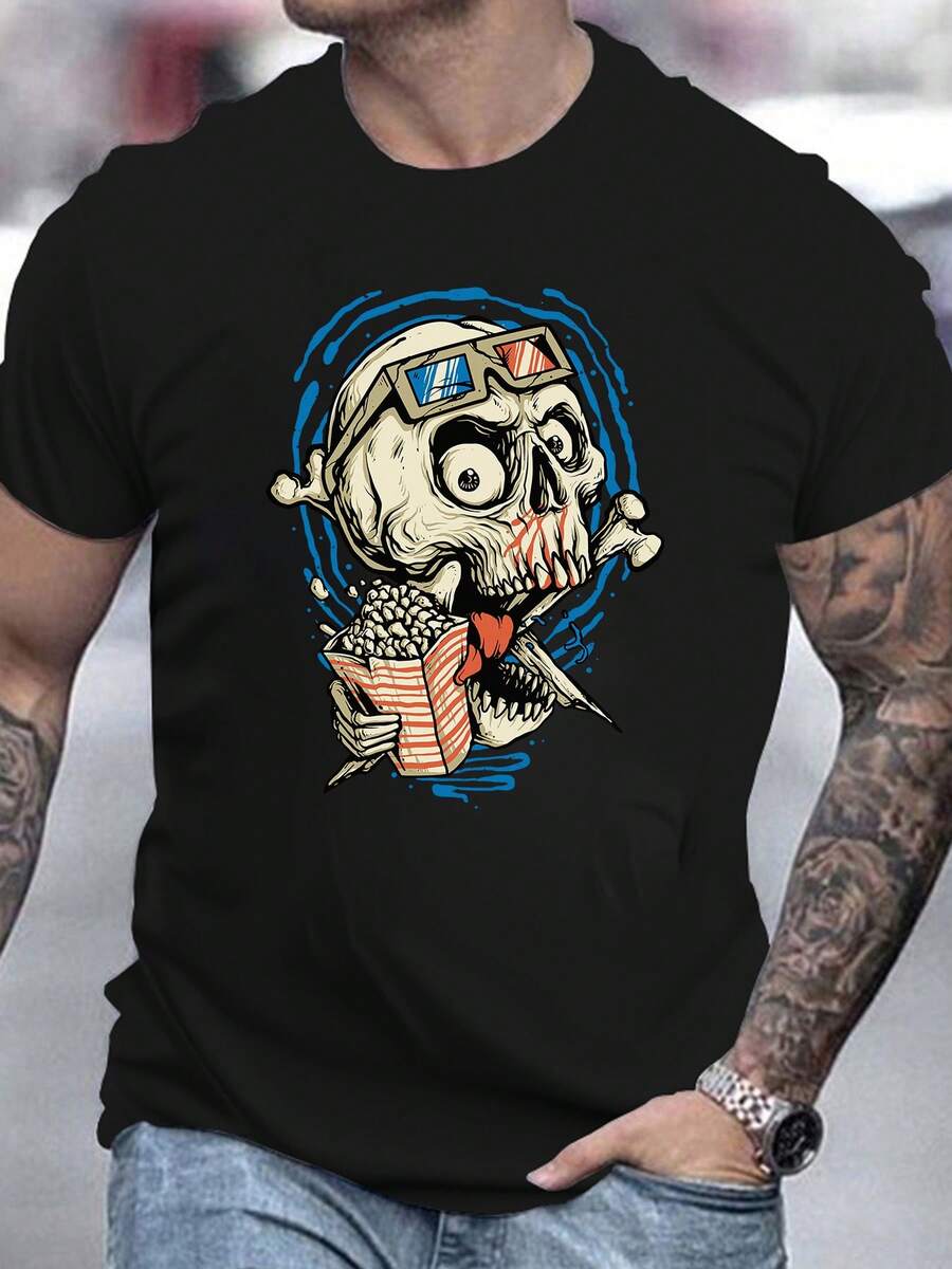 Men's Pure Cotton Oversized Short Sleeve T-Shirt Skull Graphic Print 3D Glasses Popcorn Casual Streetwear Summer Fashion Tee - Black - View 1