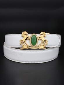 Women's & Men's White Automatic Belt, Gold Buckle, Royal Green And Rhinestone Details, Adjustable Luxury Casual And Business Belt, Solid Color Elegant PU (Polyurethane) Decorative Belt, All Seasons - White - View 2