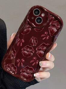 Lip Art Creamy Wavy Edge Burgundy Flat Print Painted Anti-Drop Fashion Cute Phone Case Compatible With Ip 17/Ip 17pro/Ip 17promax/Iphone16/Iphone16pro/Iphone16promax/IPhone16plus/ 10cases Anti-Drop New IPhone14IPhnoe15 Anti-Drop P14 Thickened P13 Soft Shell P12 Full Coverage P11 Anti-Drop Creative Phone Case - Multicolor - View 5