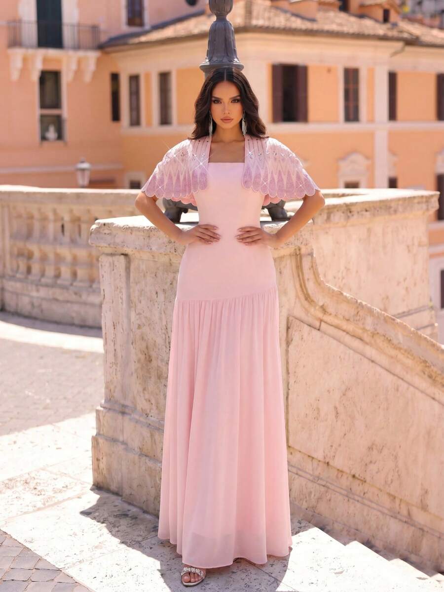 New Heavy Embellished Luxury Diamond Shawl + Bandage Dress 2-Piece Set, Flowing Mesh Skirt, Elegant Glamorous Birthday Party Bandage Dress - Pink - View 1