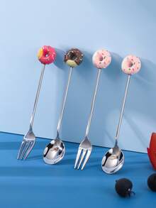 2pcs Stainless Steel Donut Spoon & Fork Set Dessert Spoon Coffee Spoon Fruit Fork Tableware - Multicolor - View 10
