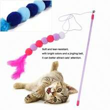 1pc Pink Cat Teaser Wand Toy Fairy Wand Fur Ball Cat Teaser Stick Cat Feather Bell Cat Teaser Toy Interactive Entertainment Cute Design, Used For Indoor Play Interactive Toy Pet Accessories Ball And Stick Color Optional - Multicolor - View 2