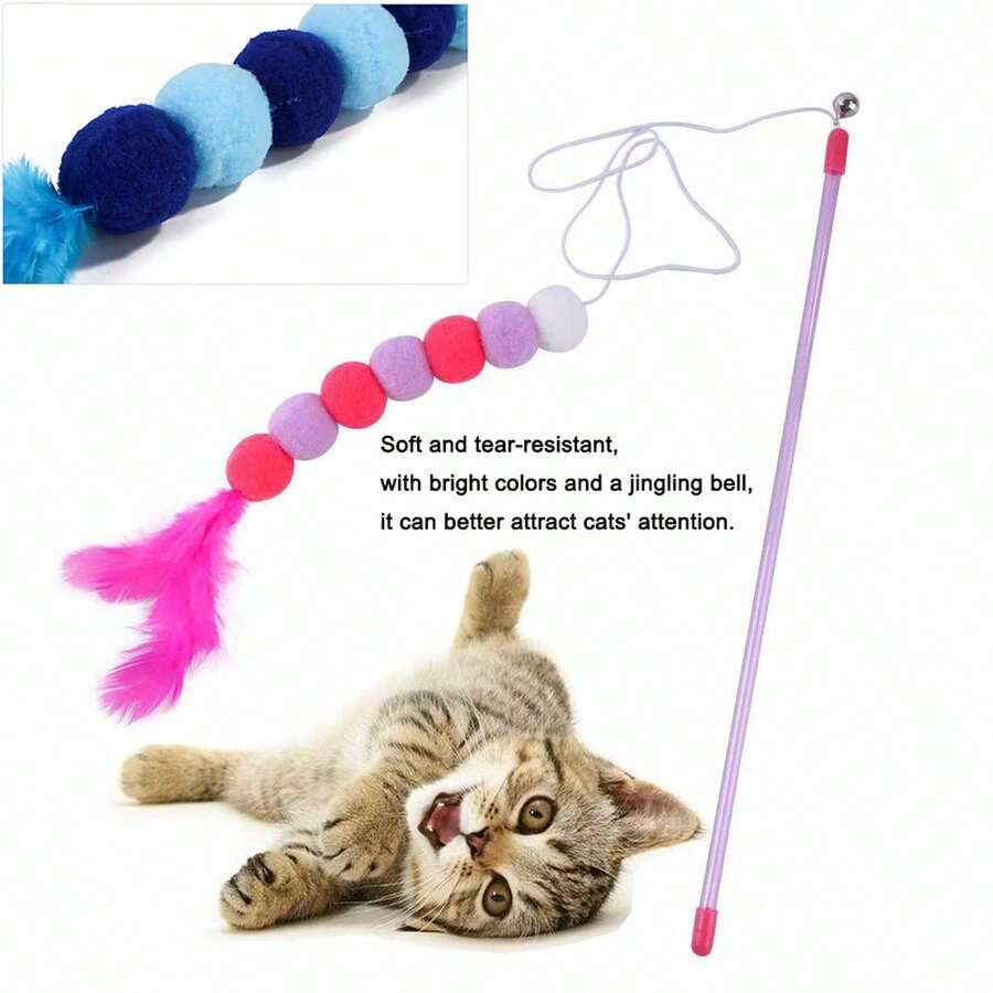 1pc Pink Cat Teaser Wand Toy Fairy Wand Fur Ball Cat Teaser Stick Cat Feather Bell Cat Teaser Toy Interactive Entertainment Cute Design, Used For Indoor Play Interactive Toy Pet Accessories Ball And Stick Color Optional