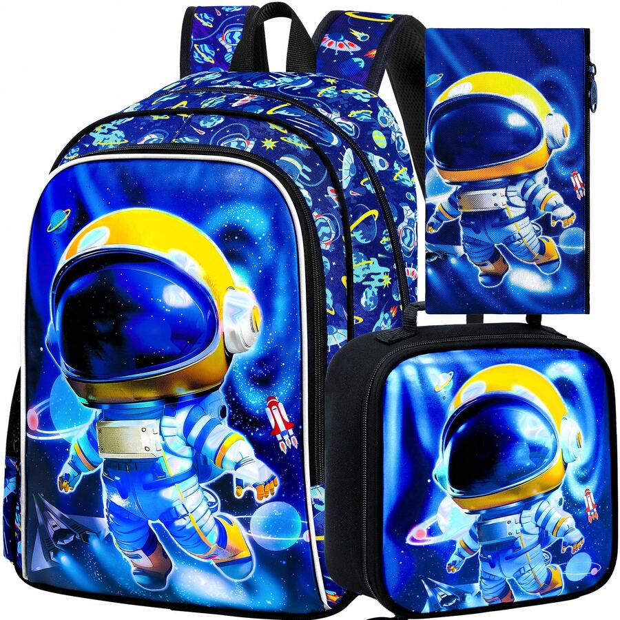 3 PiecesBoys Cartoon Astronaut Galaxy Space Print Durable Material Adjustable Straps Zipper Closure Cool Sci-Fi Style Backpack Set For School & Travel - Blue - View 1