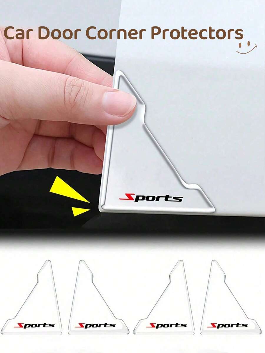 4pcs SPORTS Car Door Corner Protectors - Transparent Silicone, Anti-Scratch & Collision Clear Covers With Geometric Design, Easy Stick-On Installation For Enhanced Auto Door Protection, Car Door Protector - A - View 1