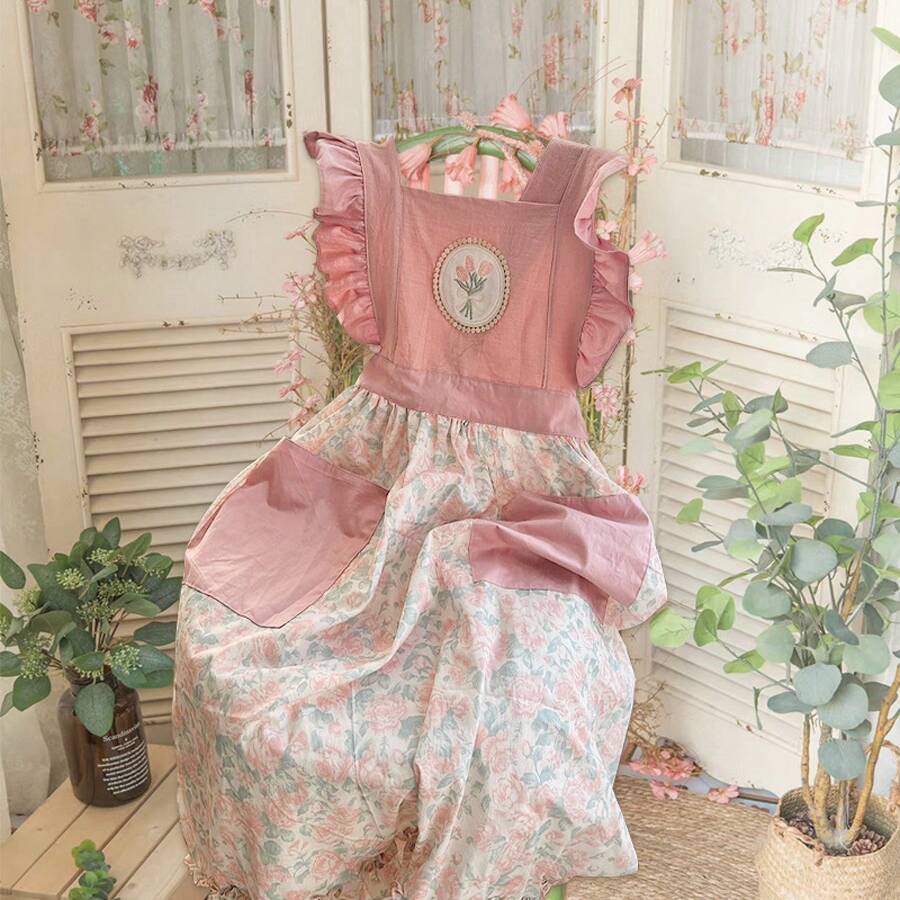 夏の新作かわいい小花柄エプロン、家庭用キッチン防汚カバーオール、花柄ガーデニングネイルアート卸売エプロン - フリーサイズ - チェックする 1
