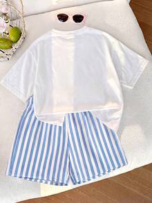 2pcs/Set Girls Vacation Style T-Shirt & Striped Shorts Set - Blue - View 2