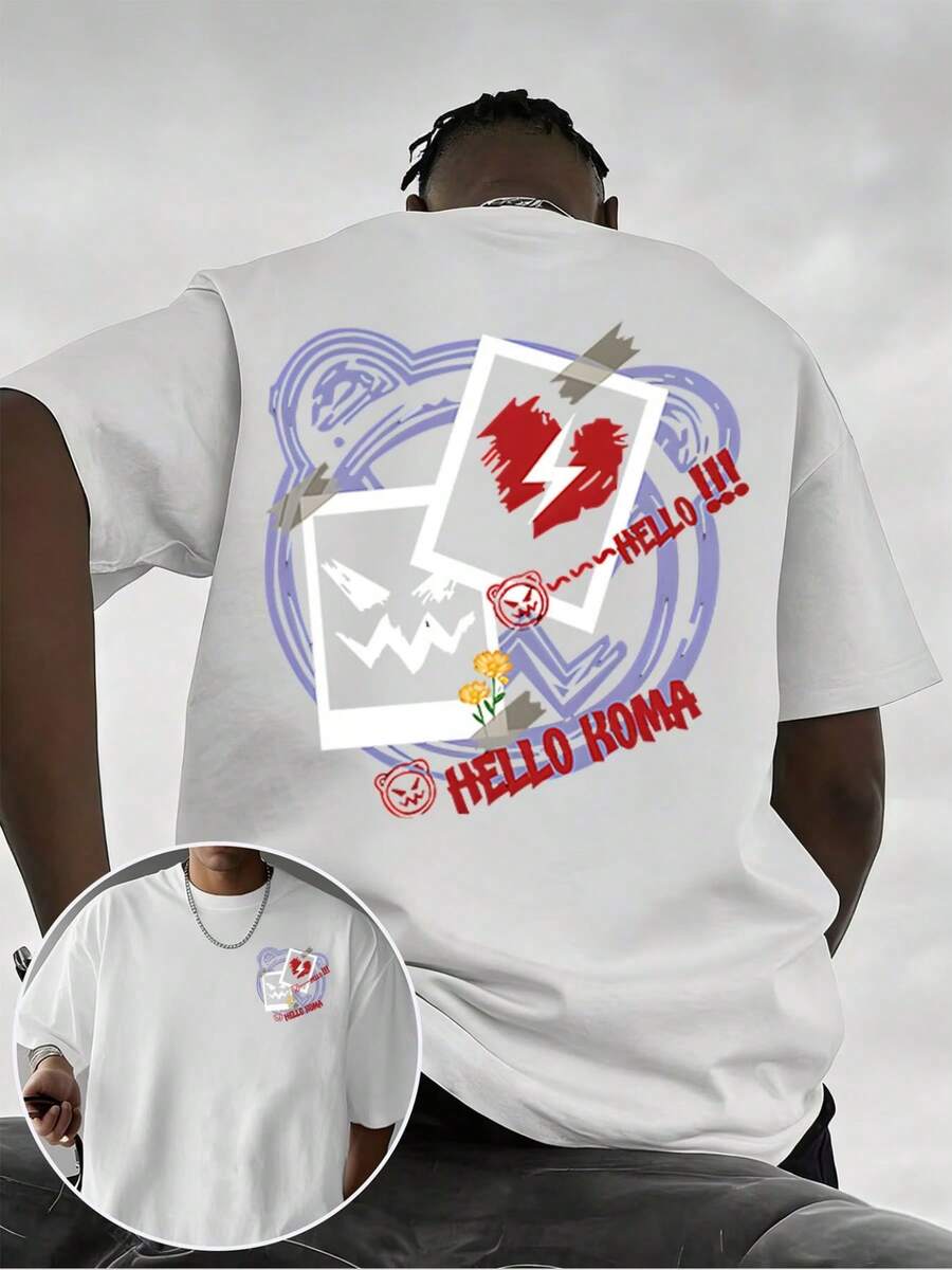Nueva Camiseta para Hombre 2026, Diseño Sencillo de Color Sólido, Impresión Frontal y Trasera con Corazones y Flores Rojas Brillantes, con las Letras HELLO KOMA. Esta camiseta estampada de doble cara es un artículo imprescindible para moldear la figura. - Blanco - Ver 1