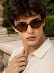 Men's Retro Small Oval Sunglasses, Thick Frame Rounded Sunglasses, Tea Grey Dark Lenses, Driving, Self-Driving, Shopping, Commuting Accessories - Multicolor - View 8