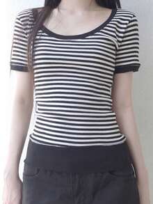 Slim Fit Striped Regular Shoulder Large Scoop Neck Short Sleeve Undershirt Top Casual Summer - Black and White - View 8
