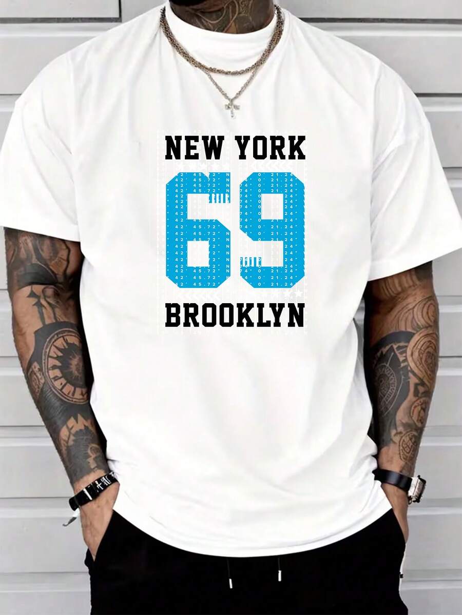 Men's Pure Cotton Short-Sleeved T-Shirt New York Brooklyn Print Casual Daily Basic Tee - White - View 1