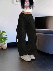Women's High Waist Elastic Drawstring Cargo Pants, Loose Wide Leg Casual Trousers With Straps, Street Style Black Spring Wear - Black - View 2