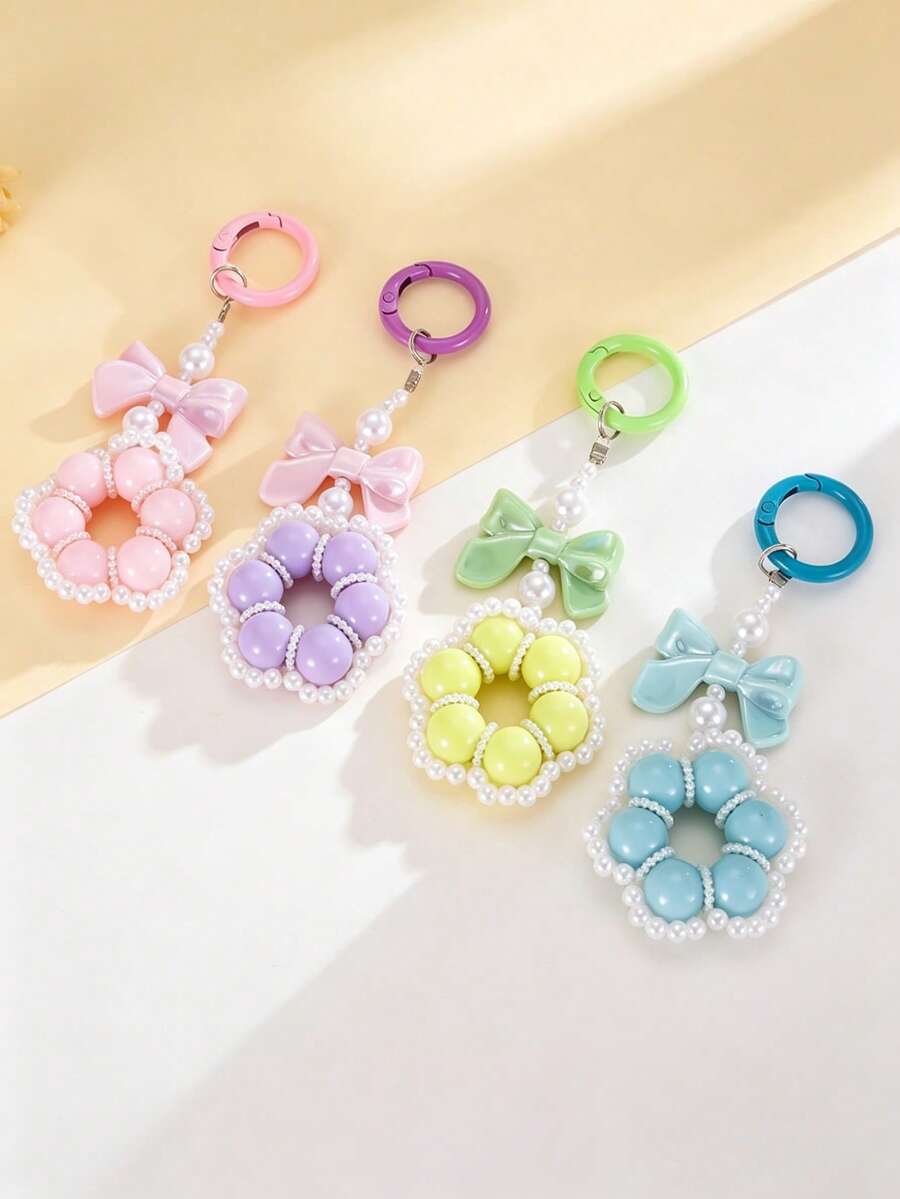 1pc Fresh Versatile Bowknot Keychain Pendant, Dopamine Handmade Woven Pearl Flower Bag Charm - 彩色 - 查看 1