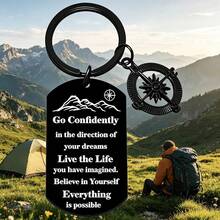 1pc Inspirational Compass Keychain, "Move Confidently Towards Your Dreams" Stainless Steel Key Ring, Inspirational Dog Tag Pendant, Suitable As Gift For Graduation, Birthday, Christmas For Friends, Family, Travelers - A - View 1