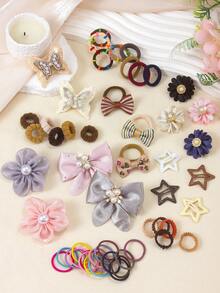 870PCS Morandi Color Vintage Girls Hair Accessories Set, Including Satin Bow Hair Clips, Double Layer Butterfly Hair Clips, Rhinestone Pearl Flower Side Clips, Bow Hair Ties, Star Snap Clips, Multiple Mini Claw Clips, Bubble Hair Ties, Bamboo Knot Towel Hair Bands, Lace Elastic Hair Bands And TPU Rubber Bands, Suitable For Girls Daily, Party, Travel Use - Multicolor - View 5
