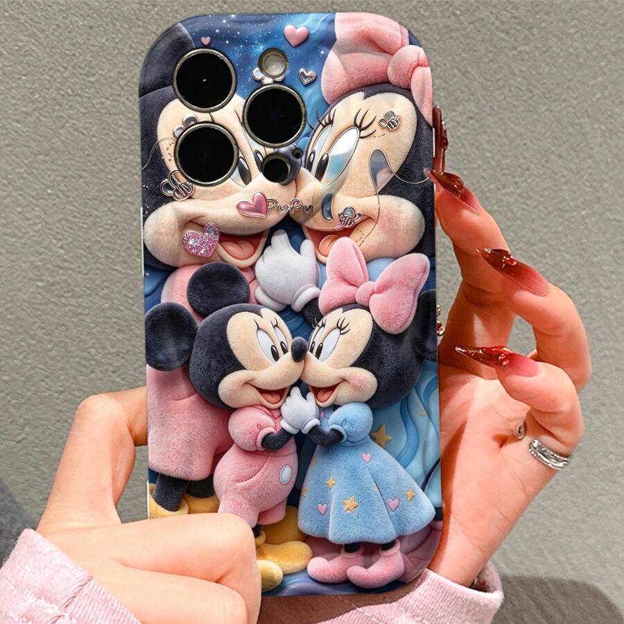 Disney Mickey & Minnie Mouse Couple Phone Case, Plush Style With Hearts & Flowers Print, Shockproof Protective Cover, Compatible With IPhone 17/16/15/14/13/12/11 Pro, Perfect Gift For Valentine/Birthday/Anniversary For Her & Him - 白色 - 查看 1