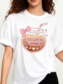 Camiseta blanca ilustración minimalista café helado y lazo rosa, corte hombro caído holgado  juvenil fresca en redes - Blanco - Ver 1