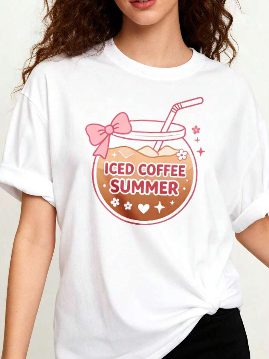Camiseta blanca ilustración minimalista café helado y lazo rosa, corte hombro caído holgado juvenil fresca en redes - Blanco - Ver 1