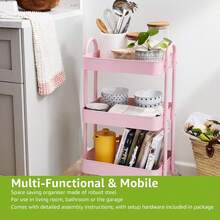 Charcoal 3-Tier Rolling Kitchen Cart With Wheels Storage Trolley For Home Office Bathroom Organization - Dusty Pink - View 3