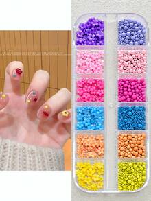 12 Grids Cute Candy Color Nail Charms Set (Flower & Round Bead), 3D Resin Nail Art Decorations, Sweet Colorful Nail Ornaments For DIY Manicure & Craft Decor - Multicolor - View 3