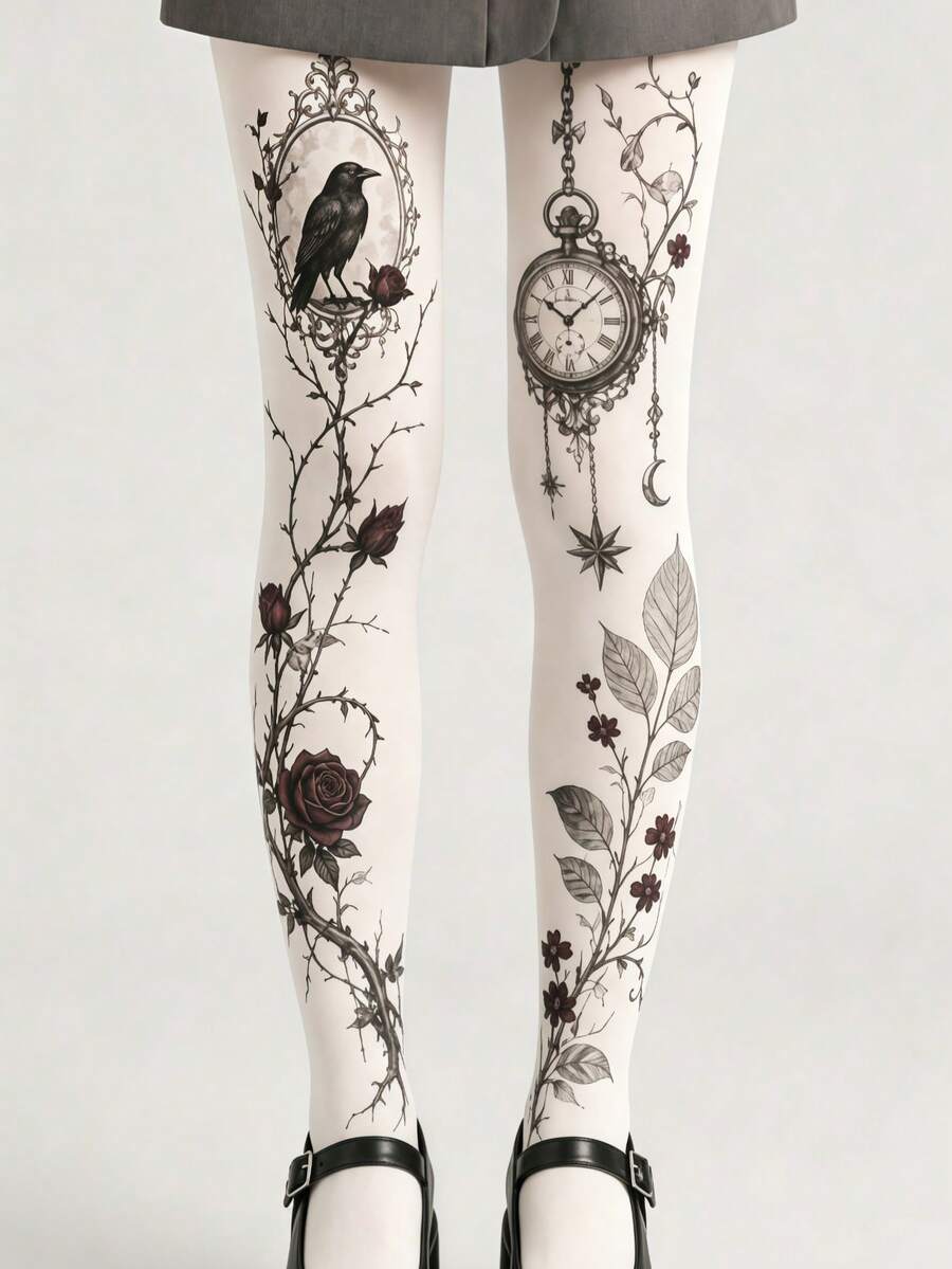 1/2/3 Pairs Women's Printed Velvet Tights, Classic Gothic Style Socks ...