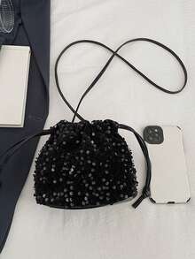 Women's Drawstring Mini Crossbody Bucket Bag, Diamond Quilted Pattern, Daily & Outdoor Use - Black - View 2